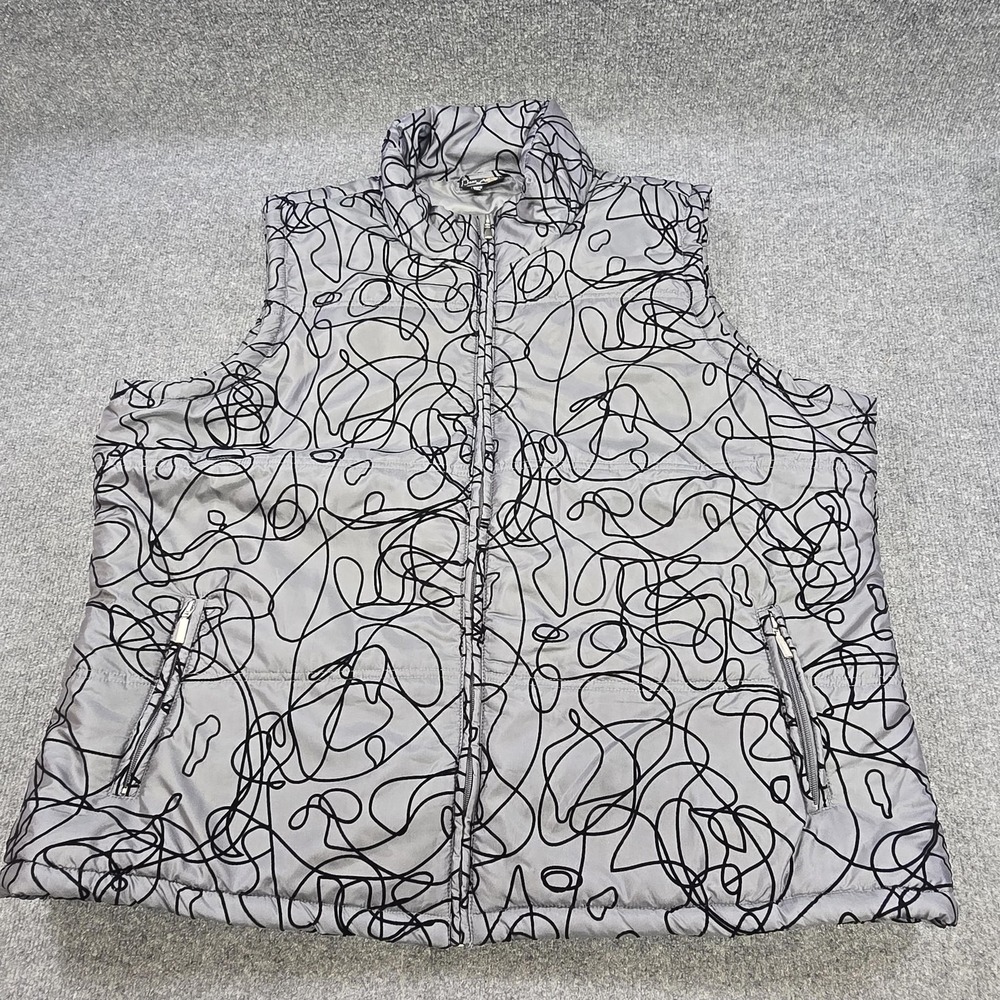 Jane Ashley Vest Womens 3X Gray Quilted Abstract Print Full Zip Collared Puffer